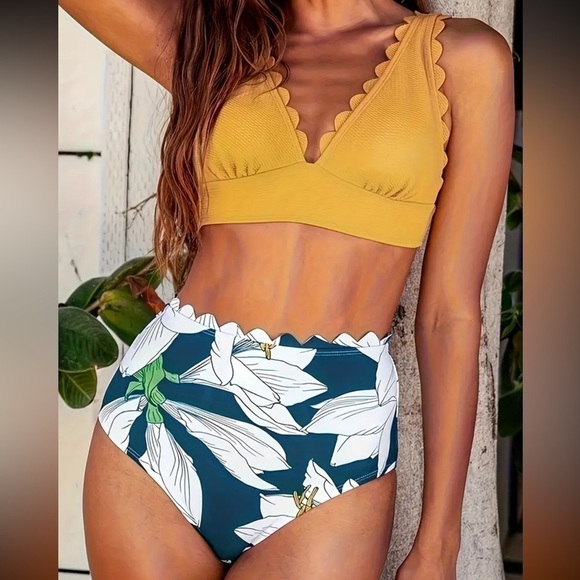 Floral Pattern 2 Piece Set Bikini, V Neck Scallop Trim High Waist Swimsuits - Picture 3 of 5